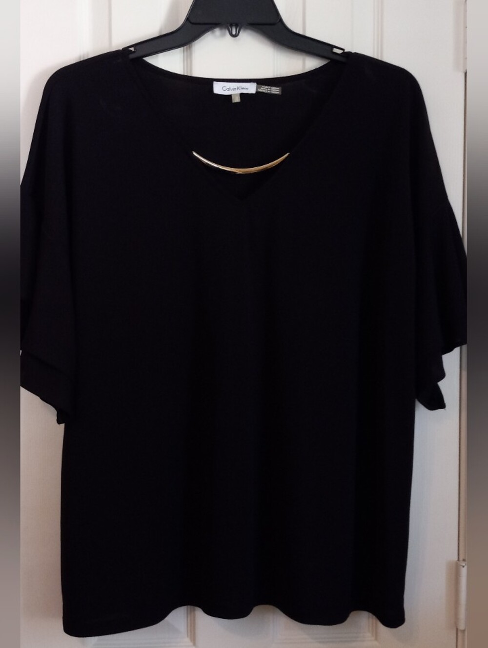 Calvin Klein Black V-Neck Top with Silver Neck Bar 1X